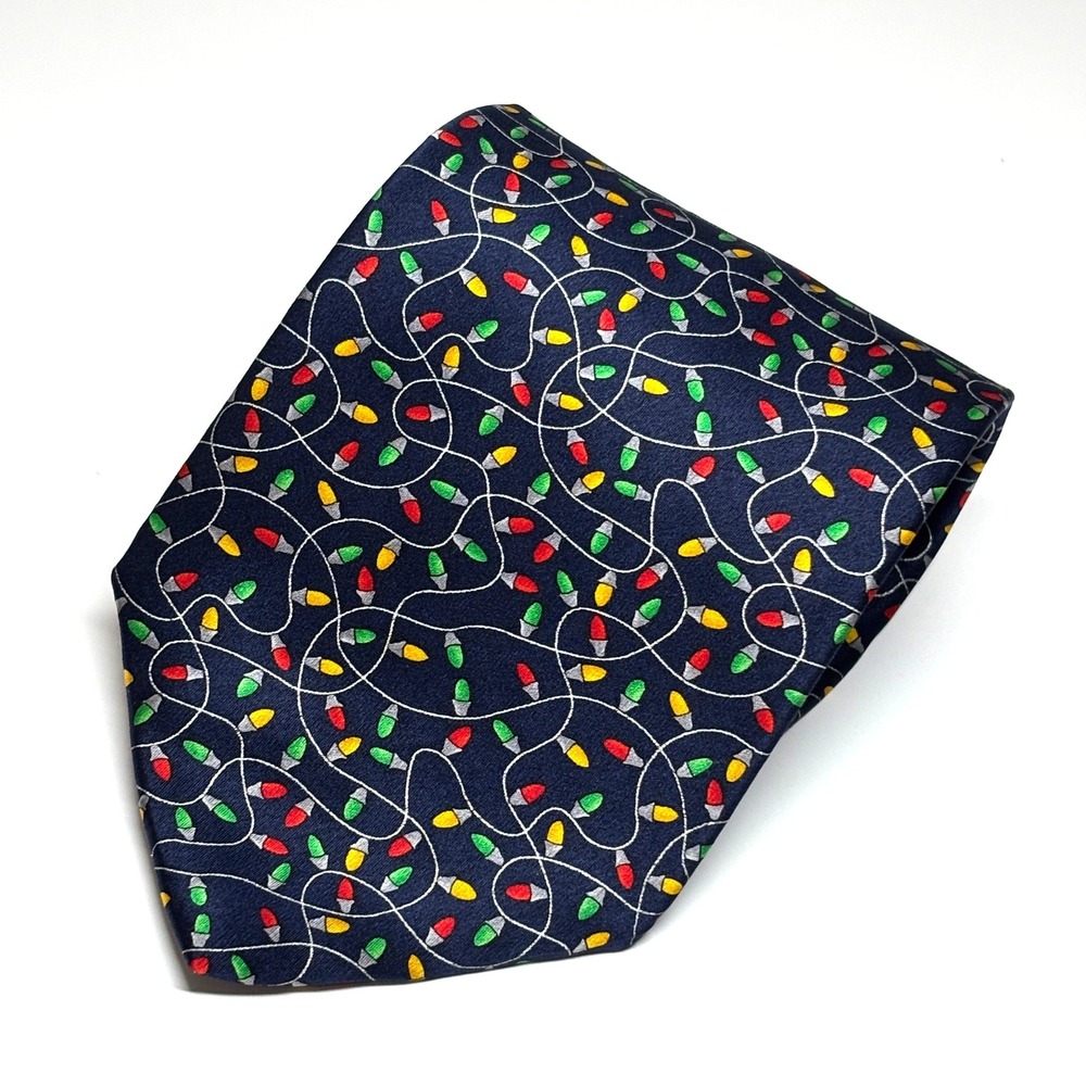 Vtg Hallmark Holiday Traditions Tie Mens OS Navy Blue Silk Christmas Lights